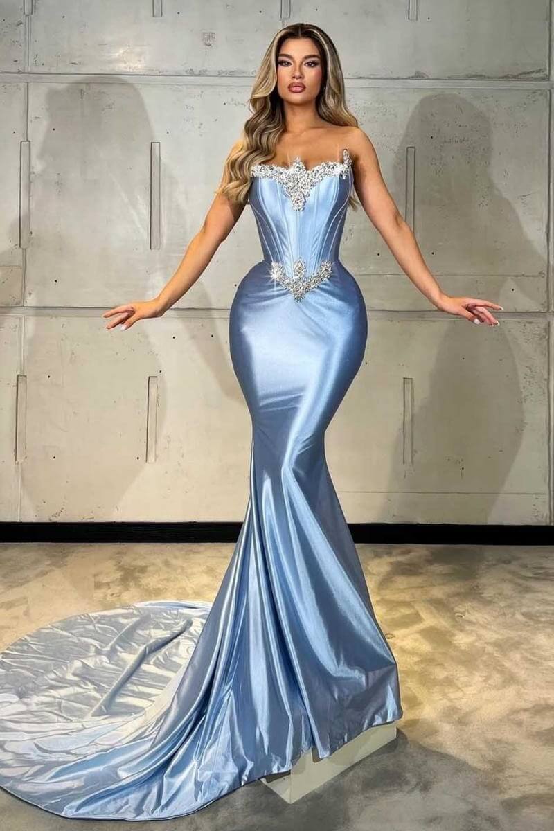 Mermaid Prom Dress Satin Sleeveless Formal Dress With Rhinestone
