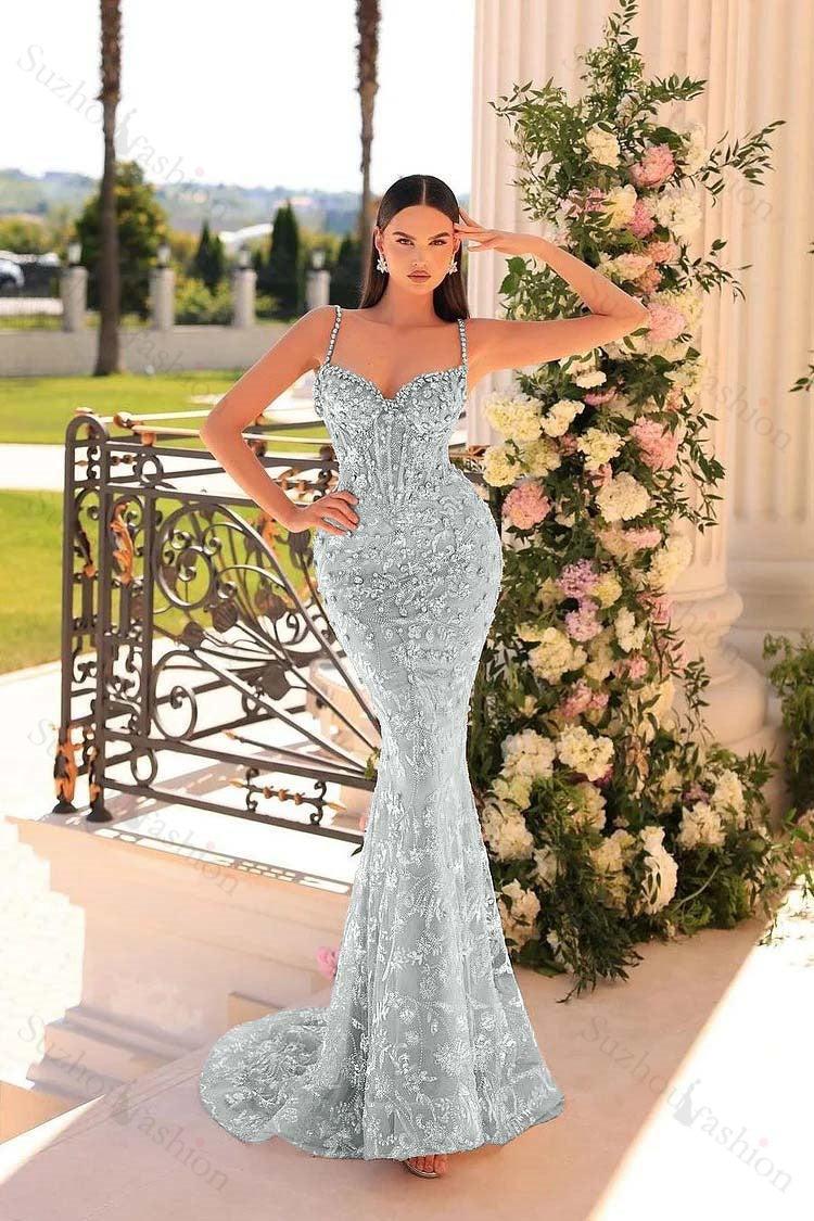 Mermaid Prom Dress Spaghetti Straps Lace Beading Sleeveless Formal Dress