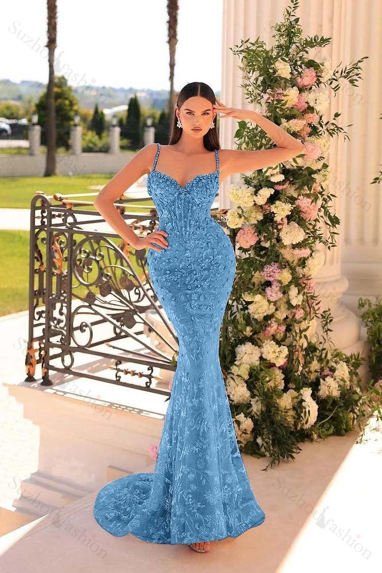 Mermaid Prom Dress Spaghetti Straps Lace Beading Sleeveless Formal Dress
