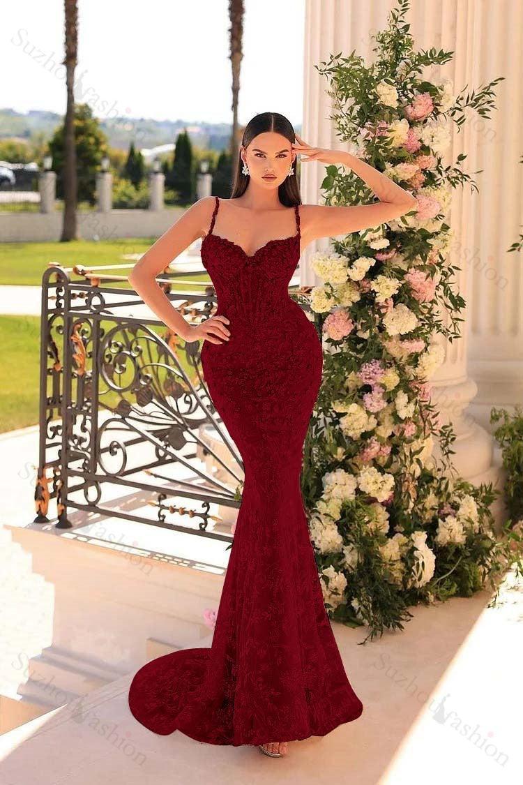 Mermaid Prom Dress Spaghetti Straps Lace Beading Sleeveless Formal Dress