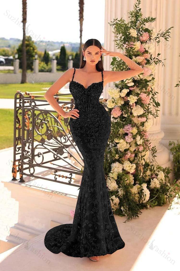 Mermaid Prom Dress Spaghetti Straps Lace Beading Sleeveless Formal Dress