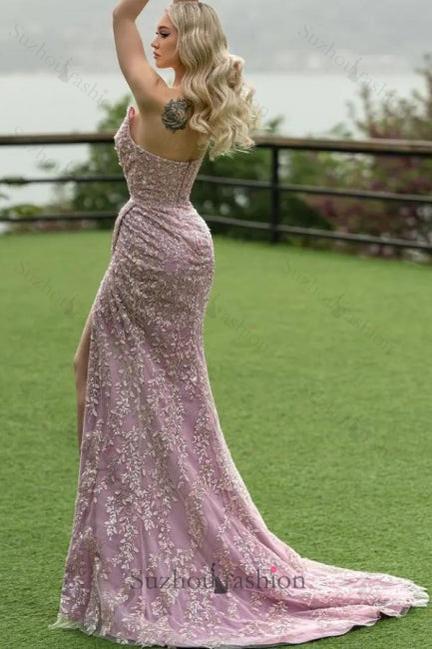 Mermaid Prom Dress Strapless Lace Glitter Sleeveless Formal Dress With Slit