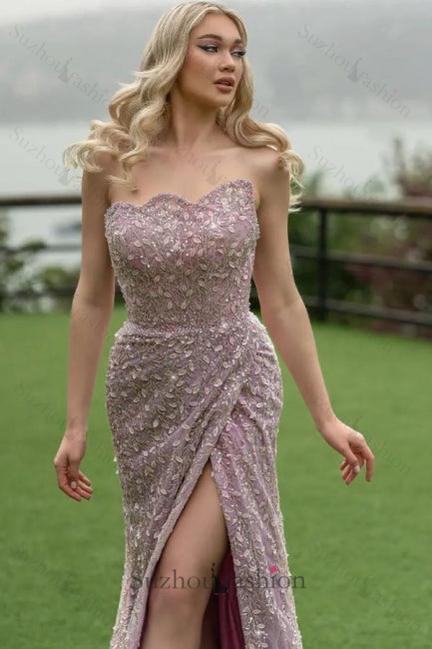 Mermaid Prom Dress Strapless Lace Glitter Sleeveless Formal Dress With Slit