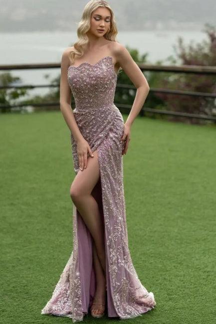 Mermaid Prom Dress Strapless Lace Glitter Sleeveless Formal Dress With Slit