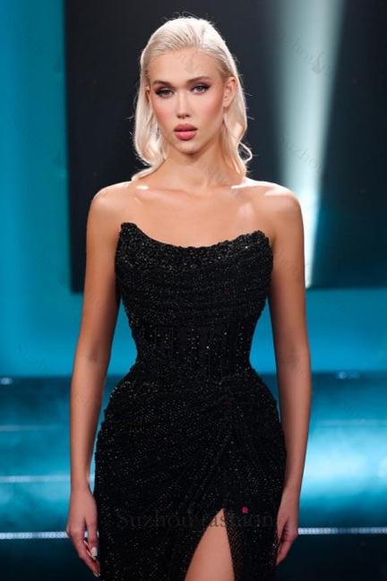 Mermaid Prom Dress Strapless sequined Formal Dress with Slit