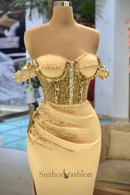 Mermaid Prom Dress Sweetheart Off The Shoulder Beaded Floor Length Formal Dress With High Slit