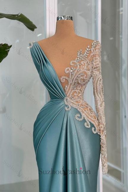 Mermaid Prom Dress V Neck Lace Rhinestones Satin Sleeve Formal Dress