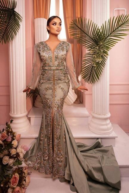 Mermaid Prom Dress V Neck Tulle Sleeves Embroidery Sweep Train Satin Formal Dress With Slit