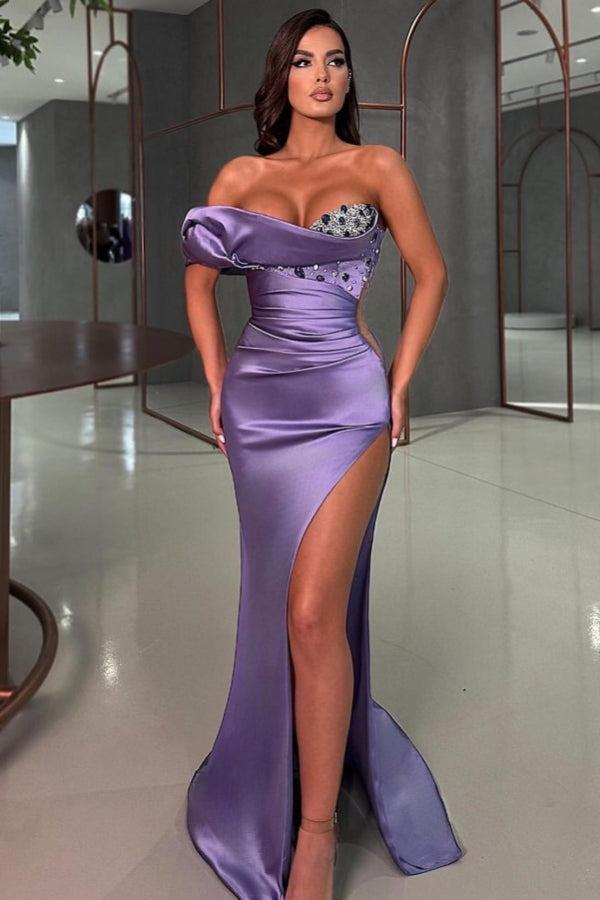 Mermaid Purple Prom Dress One Shoulder Sleeveless Rhinestones Formal Dress With Slit