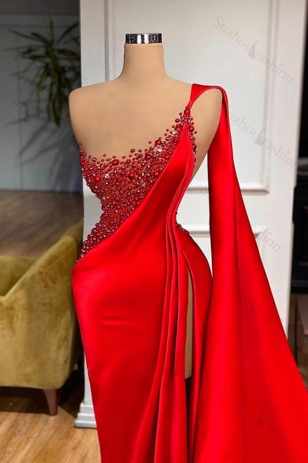 Mermaid Red Prom Dress One Shoulder Sleeveless Ruffled Evening Formal Dress Split With Beadings