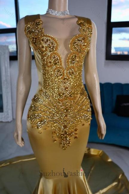 Mermaid Satin Prom Dress V Neck Sleeveless Yellow Formal Dress With Beading