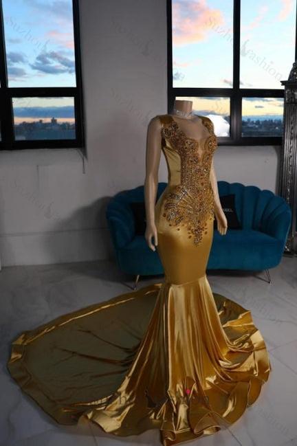 Mermaid Satin Prom Dress V Neck Sleeveless Yellow Formal Dress With Beading