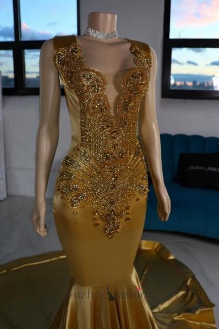 Mermaid Satin Prom Dress V Neck Sleeveless Yellow Formal Dress With Beading