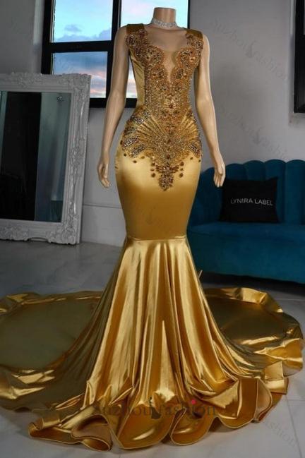 Mermaid Satin Prom Dress V Neck Sleeveless Yellow Formal Dress With Beading
