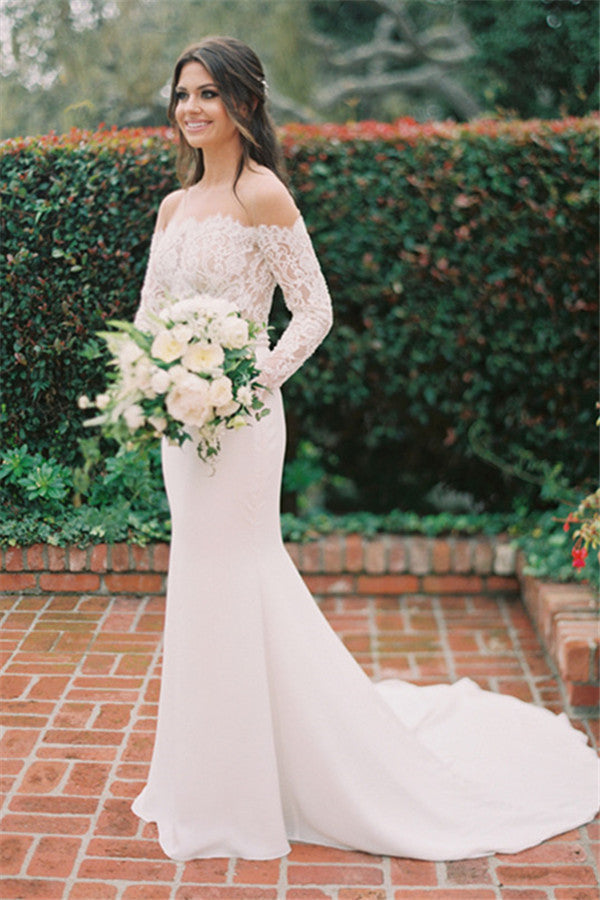 Mermaid Sheer Tulle Beach Wedding Dresses | Elegant Lace Long Sleeves Bridal Gowns