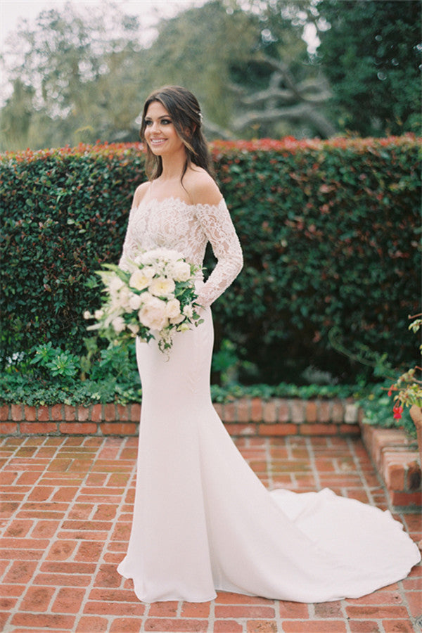 Mermaid Sheer Tulle Beach Wedding Dresses | Elegant Lace Long Sleeves Bridal Gowns