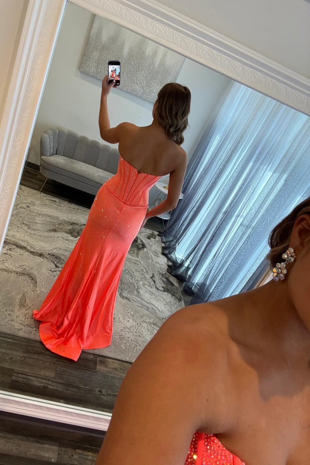 Mermaid Strapless Hot Pink Long Prom Dress With Beading Split Front Formal Evening Gown