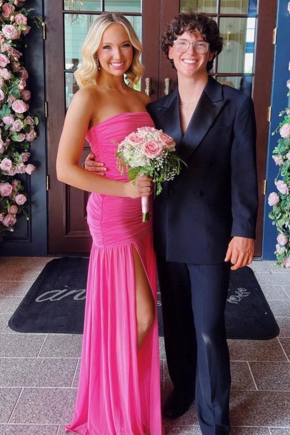 Mermaid Strapless Hot Pink Long Prom Dress With Split Front Ruffles Formal Evening Gown