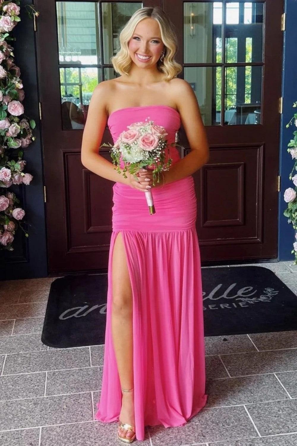 Mermaid Strapless Hot Pink Long Prom Dress With Split Front Ruffles Formal Evening Gown