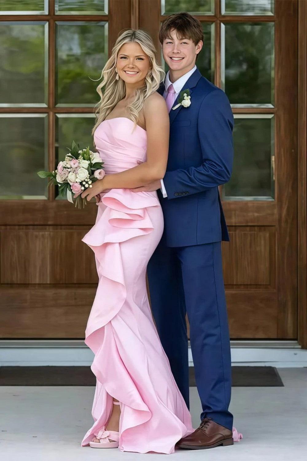 Mermaid Strapless Pink Long Prom Dress With Split Front Ruched Formal Evening Gown