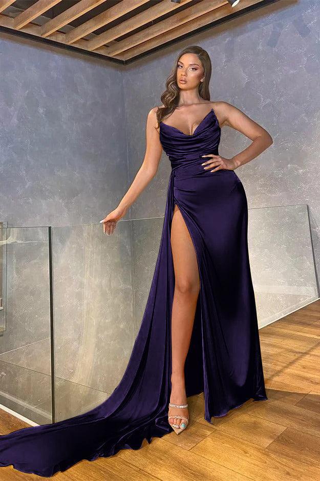 Mermaid Strapless Prom Dress Sleeveless Long Pleated Evening Formal Dress With High Split