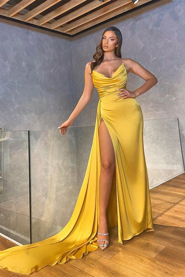 Mermaid Strapless Prom Dress Sleeveless Long Pleated Evening Formal Dress With High Split