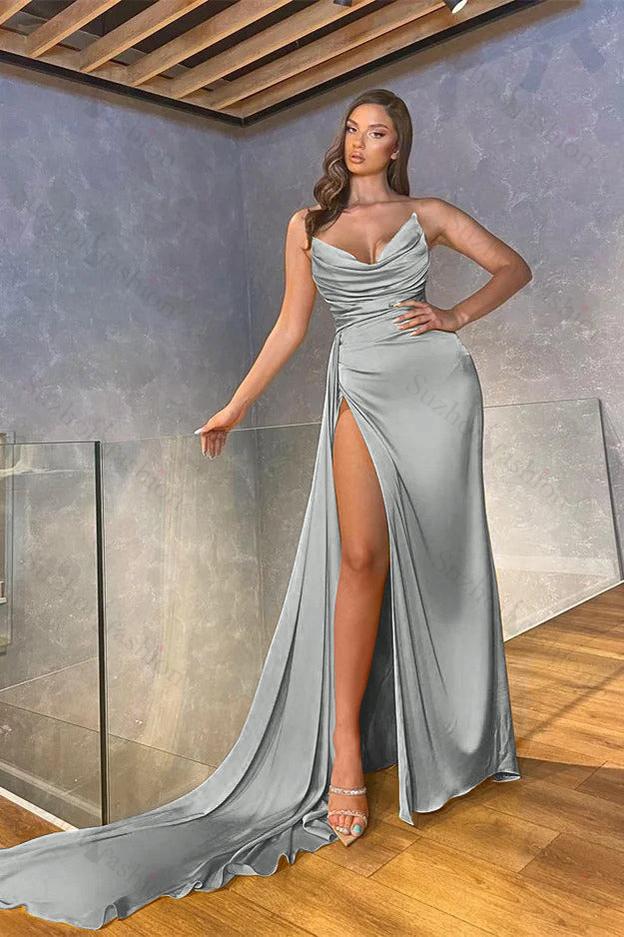 Mermaid Strapless Prom Dress Sleeveless Long Pleated Evening Formal Dress With High Split