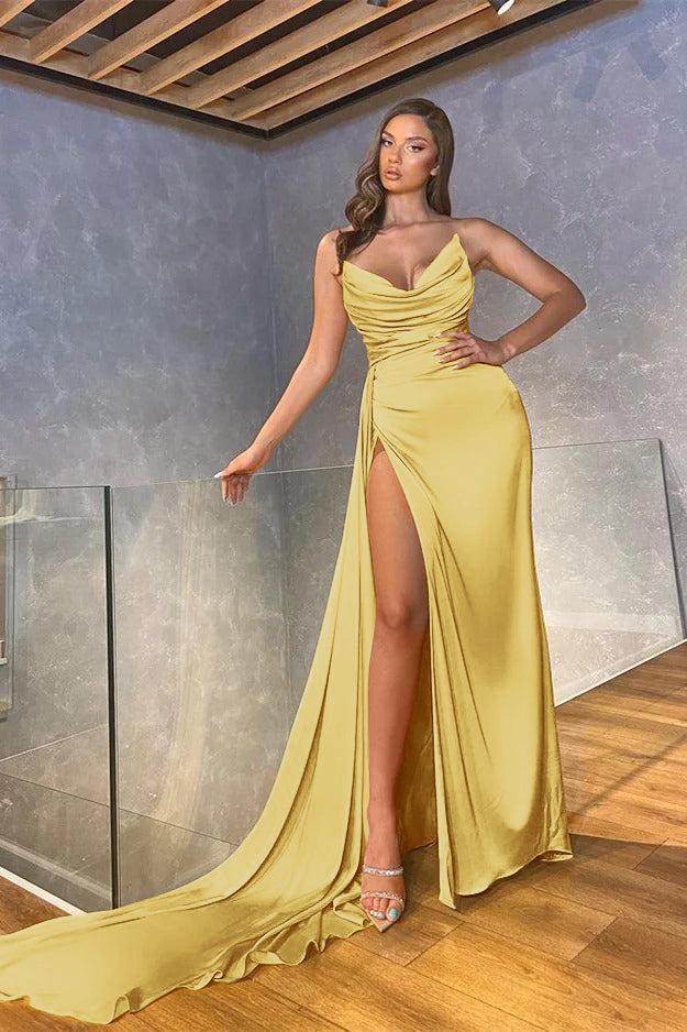 Mermaid Strapless Prom Dress Sleeveless Long Pleated Evening Formal Dress With High Split