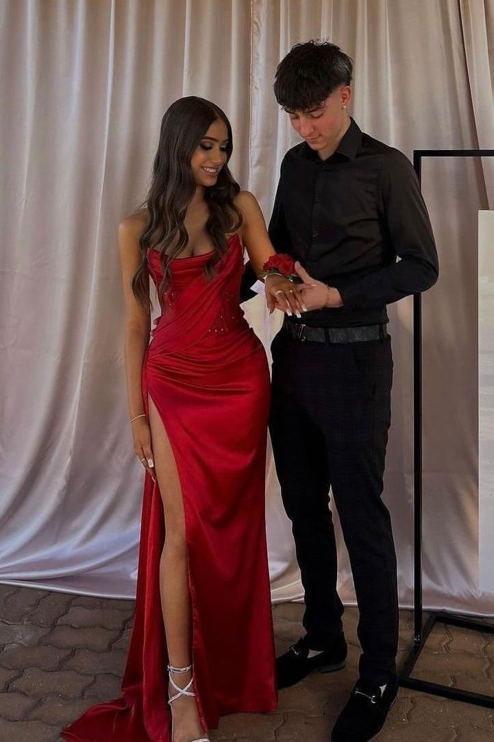 Suzhoufashion Mermaid Strapless Red Long Prom Dress With Beading Split Front Formal Evening Gown