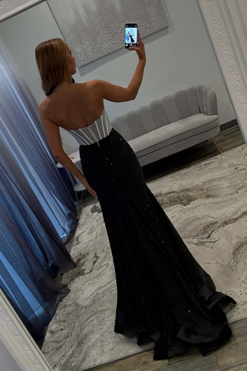 Suzhoufashion Black & Silver Strapless Structured Corset Top Beading Prom Dress With High Slit Formal Evening Gown