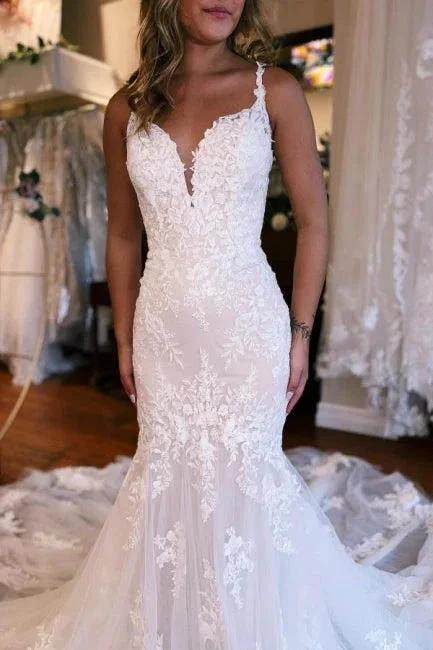 Mermaid Sweetheart Floor-Length Straps Sleeveless Tulle Wedding Dress with Appliques (ZD16483)
