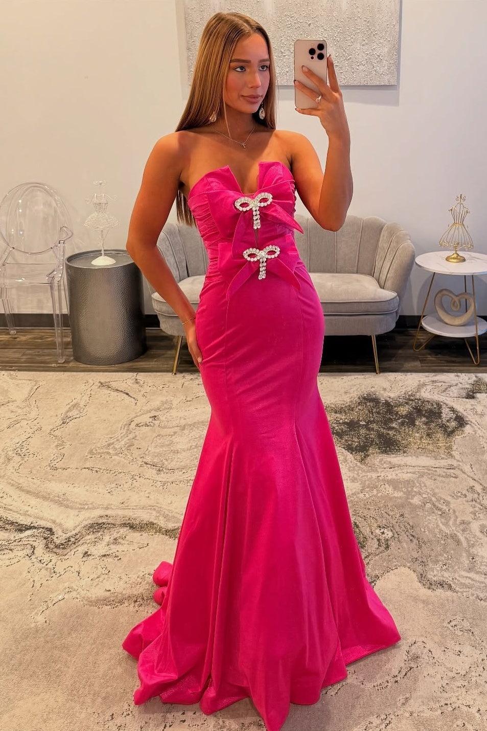 Mermaid Sweetheart Hot Pink Long Prom Dress With Bowknot Beading Formal Evening Gown
