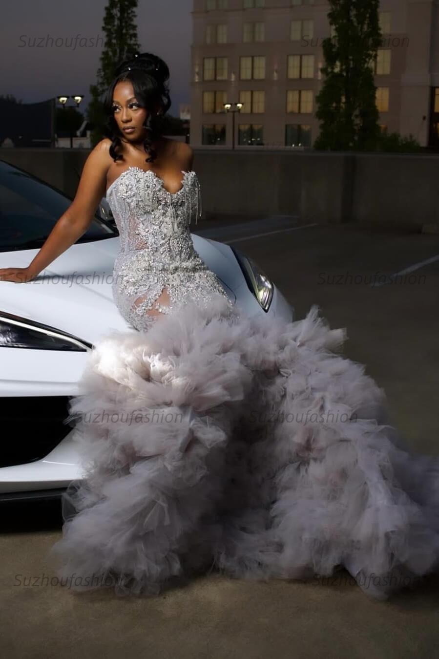 Mermaid Sweetheart Prom Dress Ruffled Sleeveless Formal Evening Gown with Rhinestones and Beadings
