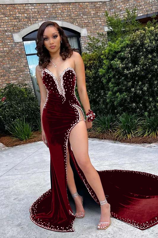 Mermaid Velvet Prom Dress V Neck Spaghetti Strap Beaded High Split Formal Dress