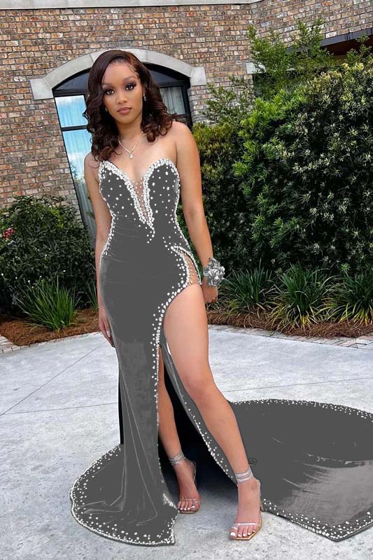 Mermaid Velvet Prom Dress V Neck Spaghetti Strap Beaded High Split Formal Dress