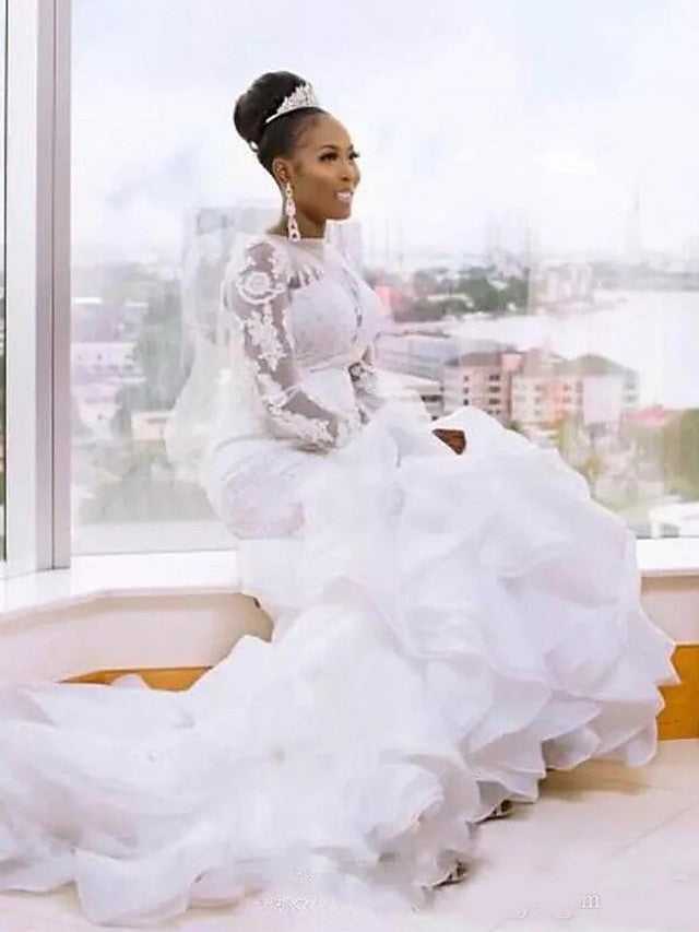 Mermaid Wedding Dress Jewel Lace Organza Tulle Long Sleeves Bridal Gowns Romantic Plus Size with Court Train