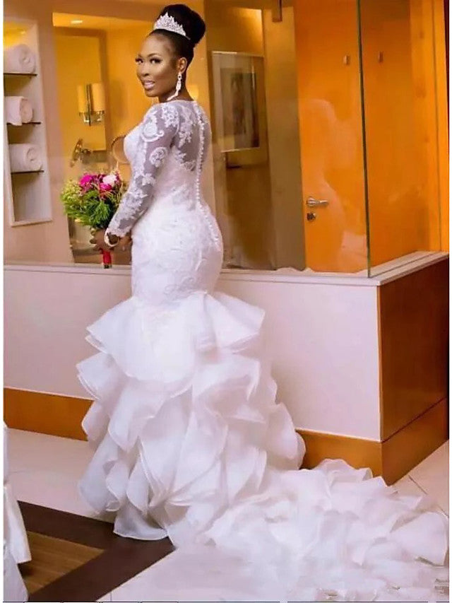 Mermaid Wedding Dress Jewel Lace Organza Tulle Long Sleeves Bridal Gowns Romantic Plus Size with Court Train