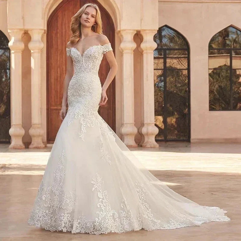 Mermaid Wedding Dress Off The Shoulder Vintage With Lace Embroidery Vestido De Noiva Sexy V-Neck Vestidos De Novia by payinti