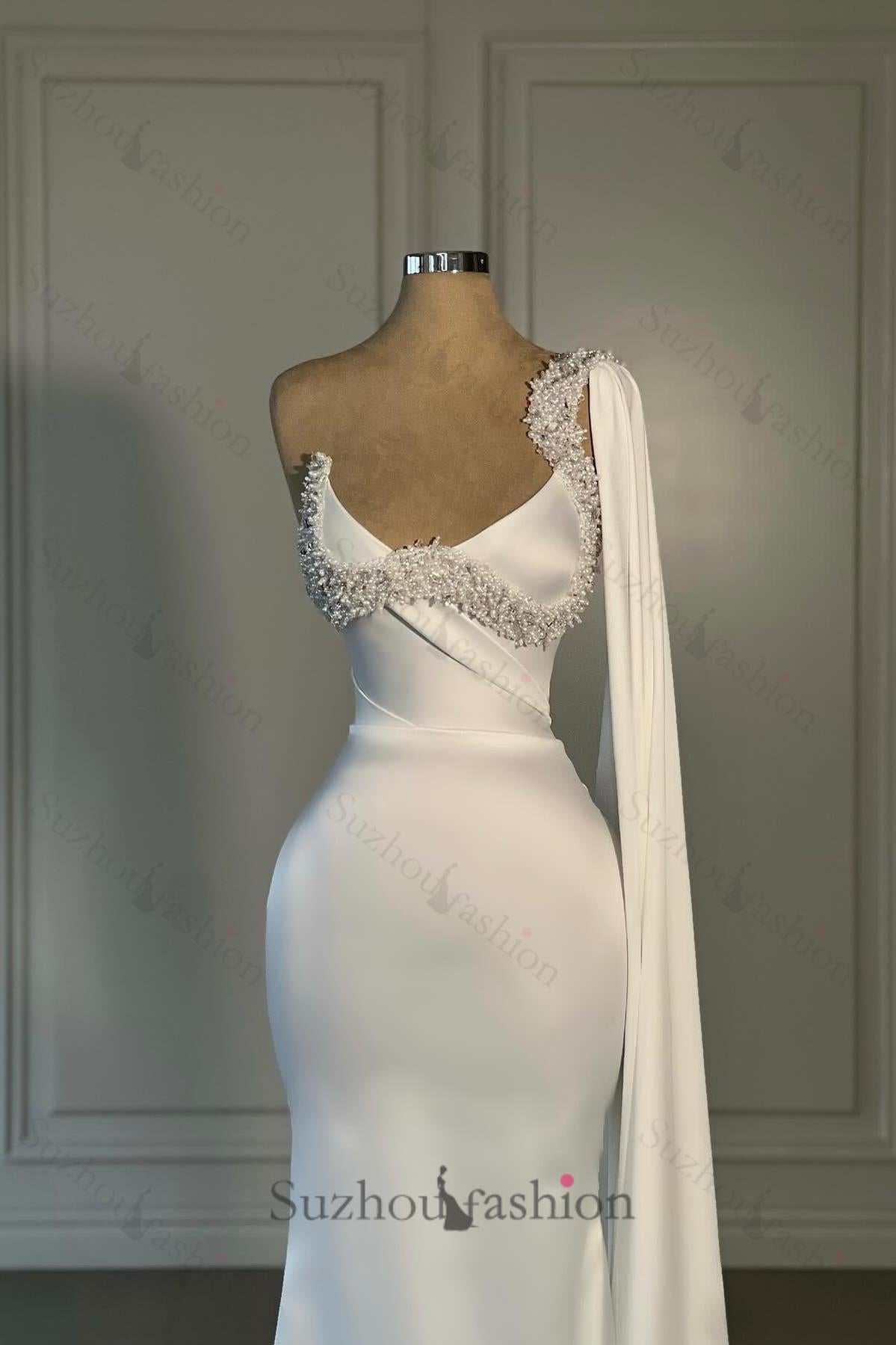 Mermaid Wedding Dress Satin One Shoulder White Beaded Bridal Gown With Watteau Train