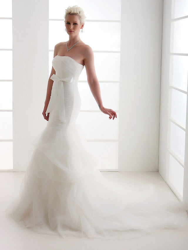 Mermaid Wedding Dress Strapless Organza Satin Sleeveless Bridal Gowns Court Train