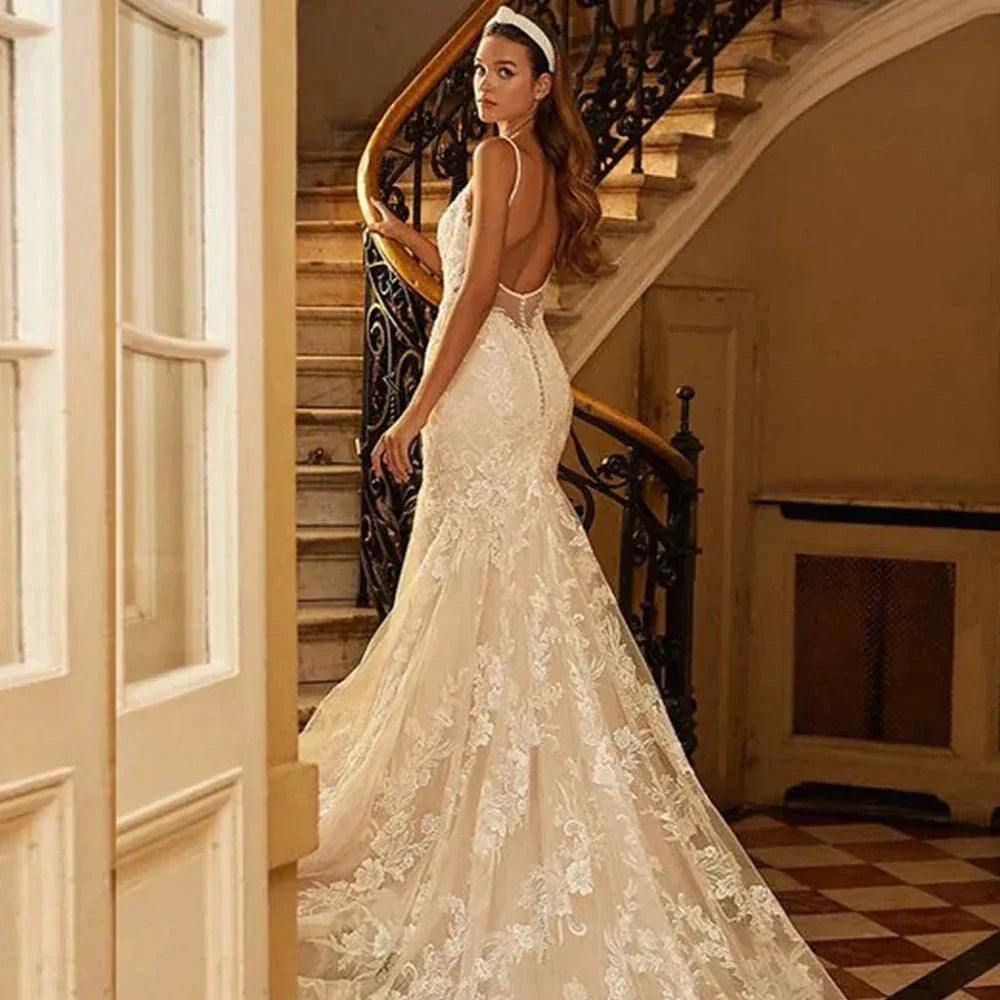 Mermaid Wedding Dresses 2023 Women's Sexy V-neck Lace Applique Spaghetti Shoulder Strap Vestido De Novia Bridal Gowns Backless (ZD14159)