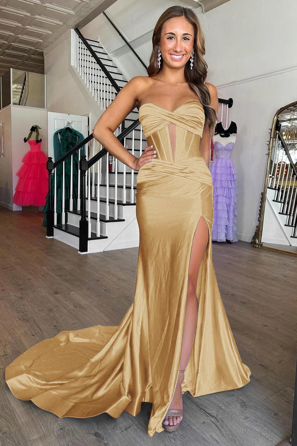 Mermaid Yellow Prom Dress Sweetheart Long Formal Dress With Slit