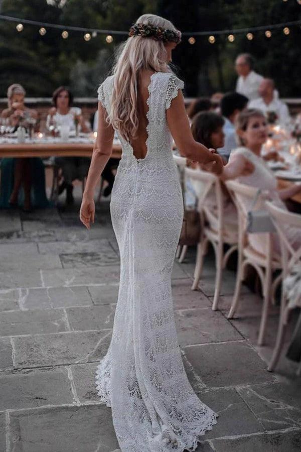 Mermaid Backless Lace Boho Cap Sleeve Bohemian Wedding Dress (ZD15323) - VelvetHem