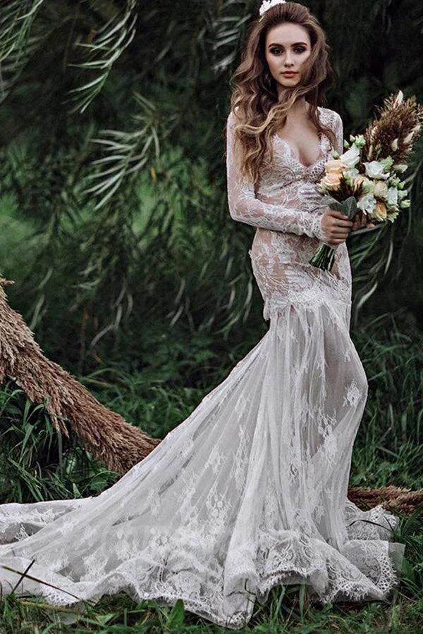 Mermaid Backless Long sleeves Lace Bohemian Wedding Dresses (ZD16092)