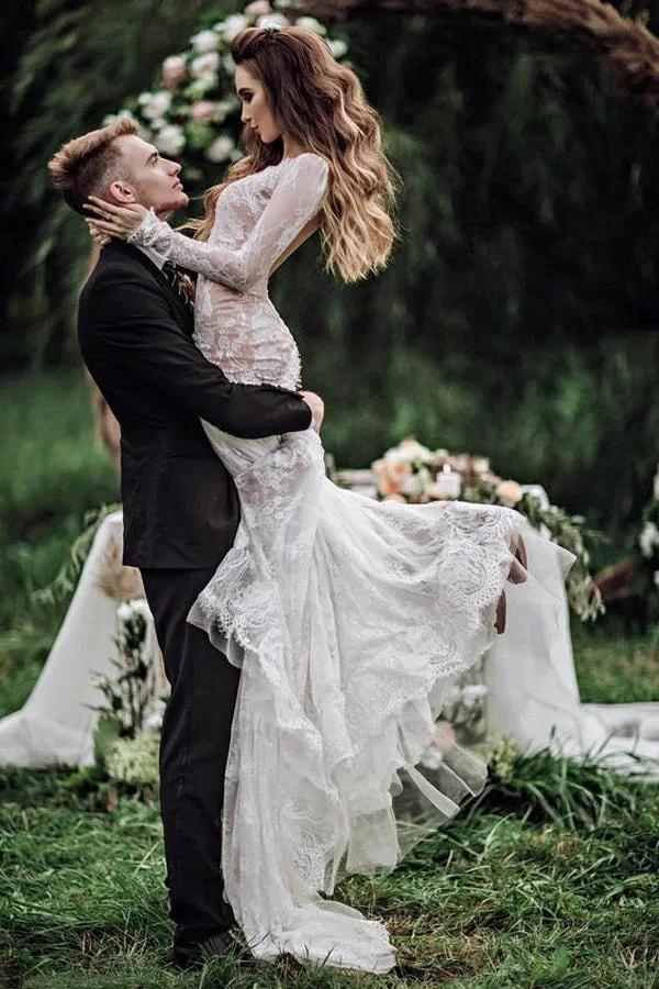 Mermaid Backless Long sleeves Lace Bohemian Wedding Dresses (ZD16092)