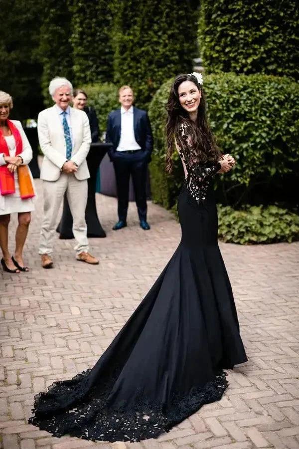 Mermaid Floral Black Wedding Dress Long Sleeve Wedding Gown (ZD16083) - VelvetHem