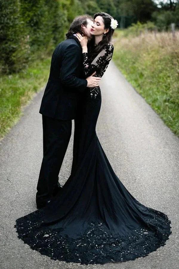 Mermaid Floral Black Wedding Dress Long Sleeve Wedding Gown (ZD16083)
