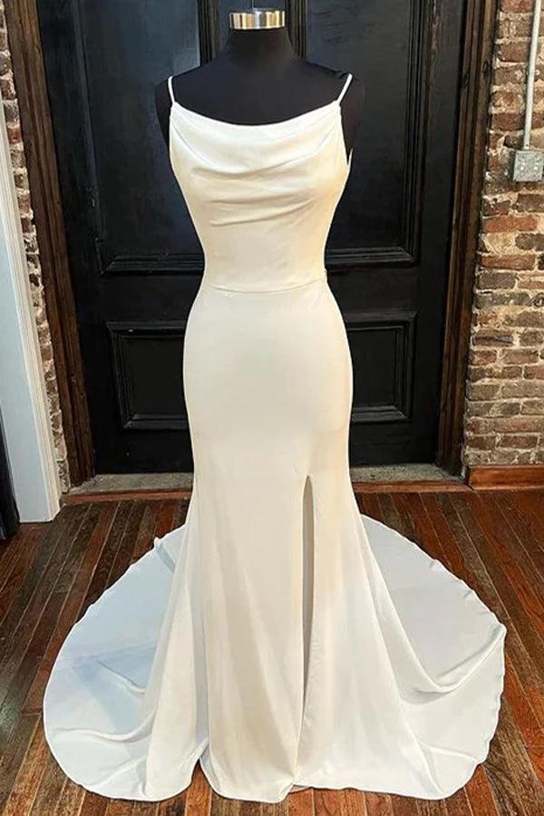 Mermaid Ivory Cowl Neck Backless Long Wedding Dress with Slit (ZD16188) - VelvetHem