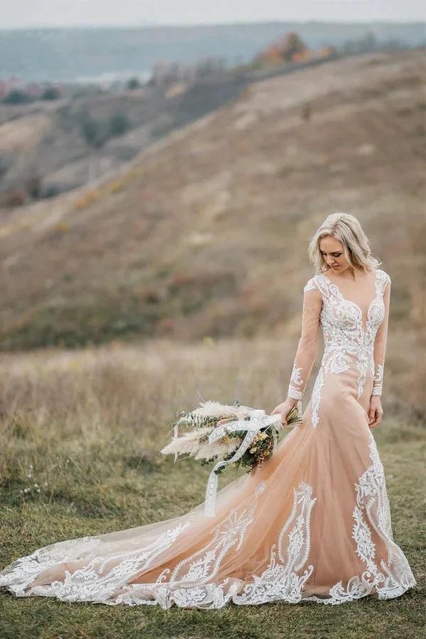 Mermaid Long Sleeves Bohemian Wedding Dresses With Appliques (ZD16128)