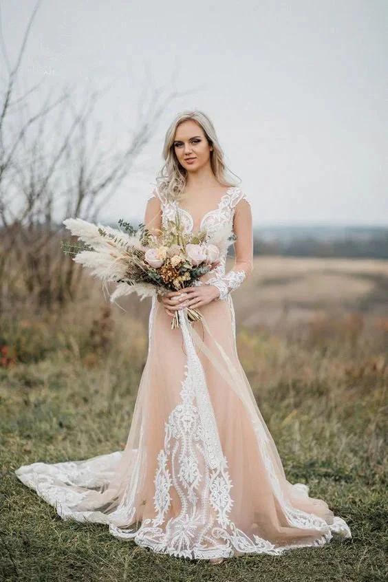 Mermaid Long Sleeves Bohemian Wedding Dresses With Appliques (ZD16128) - VelvetHem